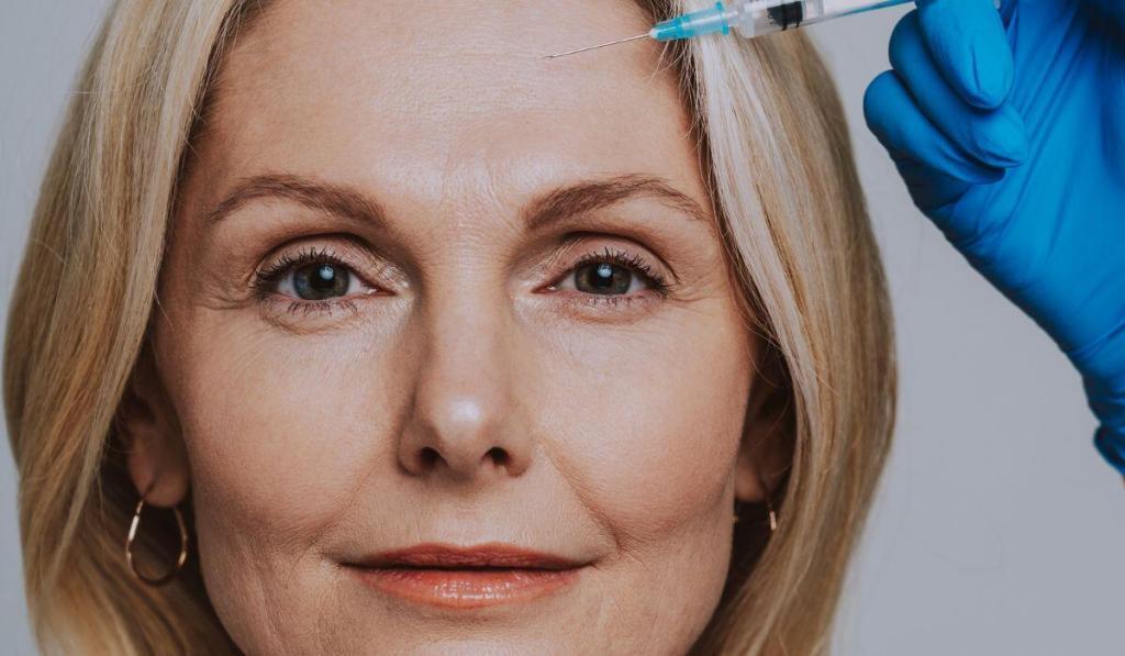 A fair skinned woman with blonde hair getting a injection in her forehead.